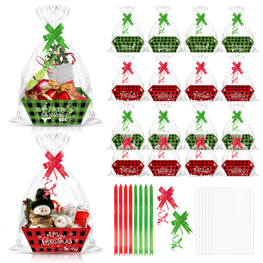 CIEOVO 24 Set Christmas Party Baskets with Cellophane, Bows, Market Tray for Christmas Xmas Holiday Party Decor