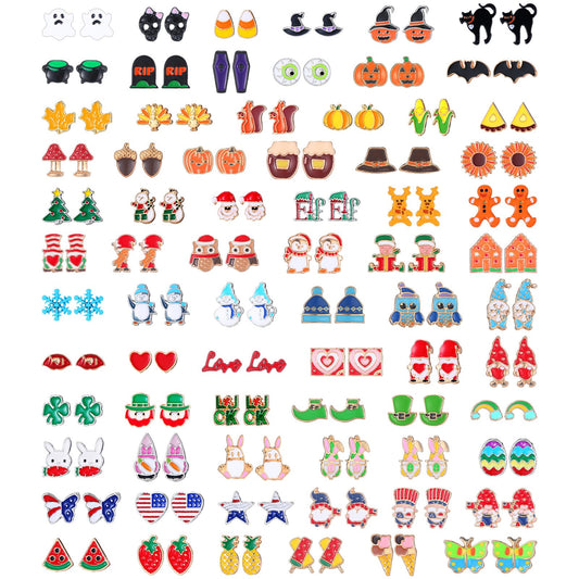 Riceshoot 72 Pairs Holiday Earrings for Women Fall Halloween Thanksgiving Dangle Earrings Variety Pack Cute Christmas Earring Bulk for Women Teacher Holiday Party Favors Gifts(Ear Studs)