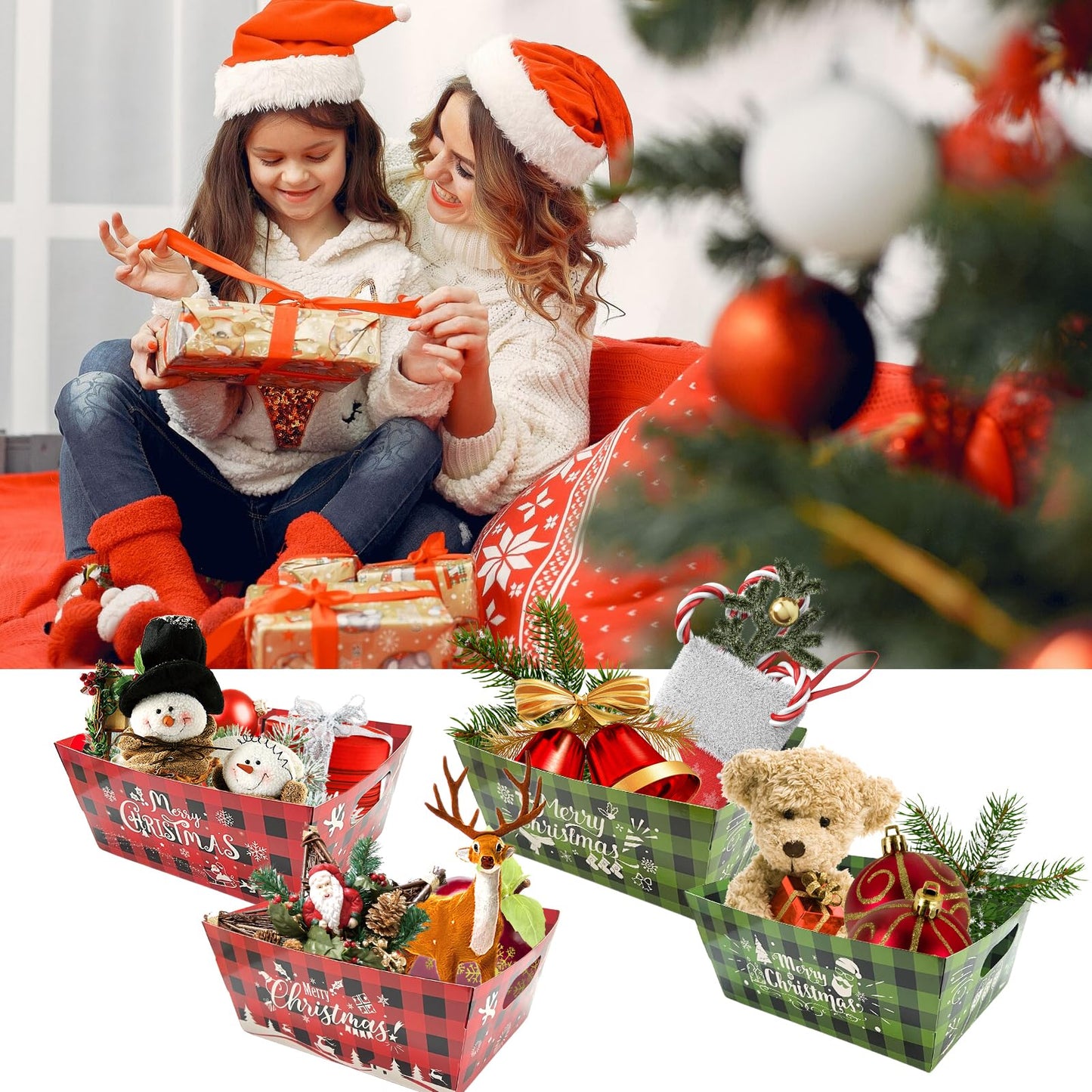 CIEOVO 24 Set Christmas Party Baskets with Cellophane, Bows, Market Tray for Christmas Xmas Holiday Party Decor