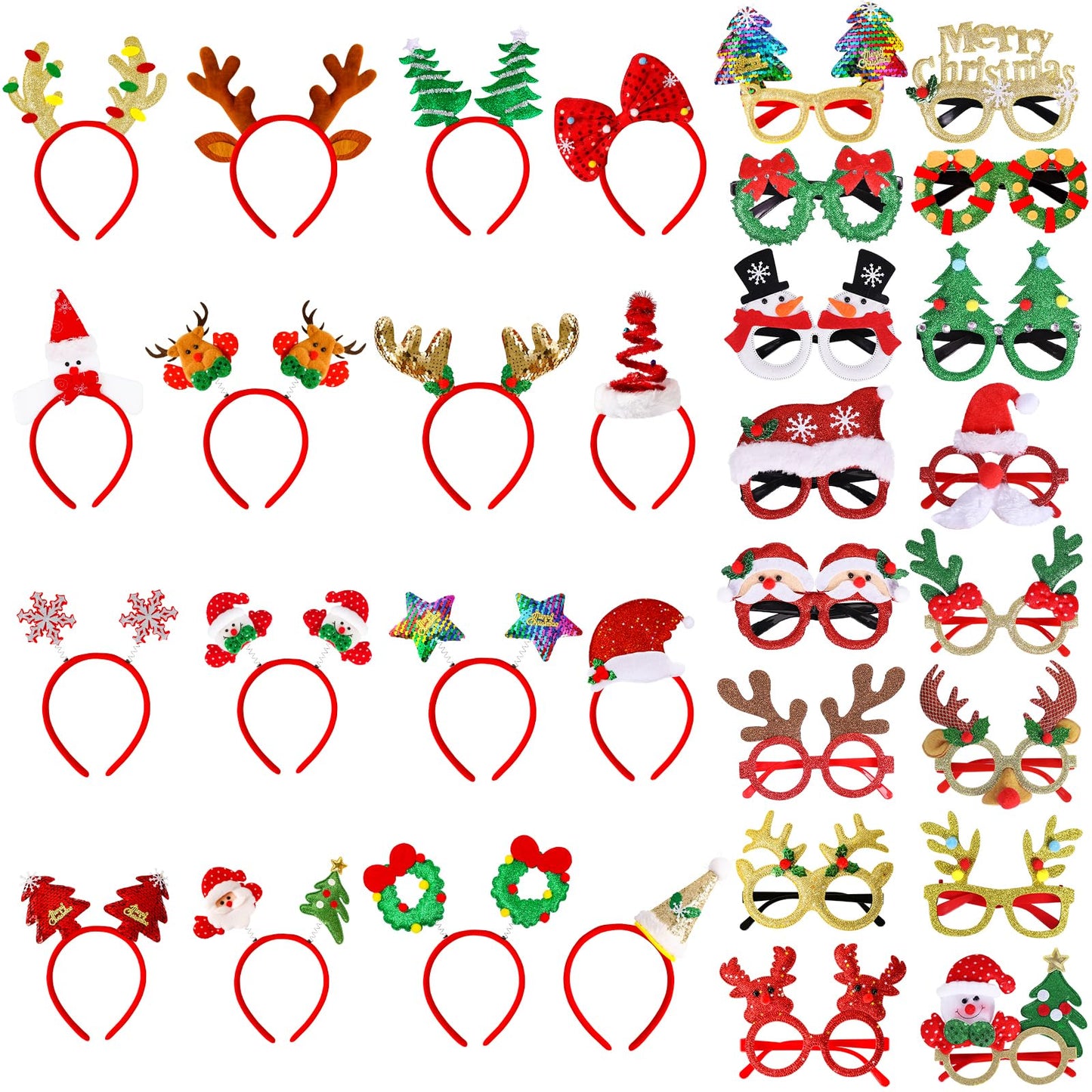 MGparty 32 Pack Christmas Glasses Frame and Headbands Set with Different Cute Designs Exquisite Decoration Accessories for Christmas Parties Holiday Favors and Photo Booth