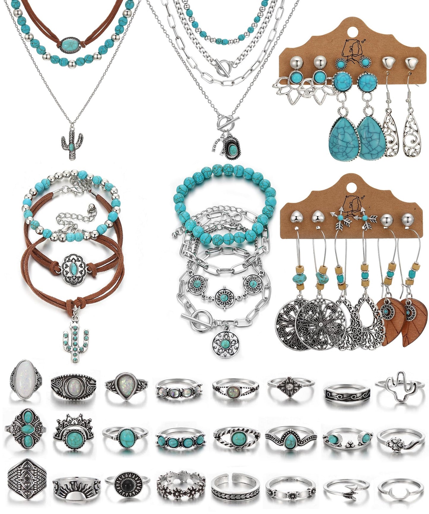 IFKM 50 PCS Silver Bohemian Jewelry Set With 7pcs Turquoise Necklace,12 pairs Dangle Earrings, 7pcs Stackable Bangle Bracelets, 24pcs Knuckle Rings For Women Vintage Western Boho Turquoise Anniversary Birthday Friendship Gift (Bohemian style)