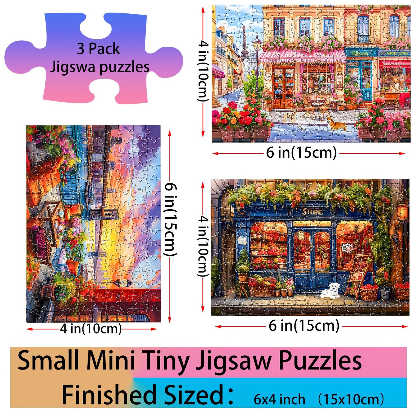Small Jigsaw Puzzles for Adults 150 Pieces Vintage Streetscape Oil Painting Mini Jigsaw Puzzles Challenging Mini Puzzles Tiny Jigsaw Puzzles 6 x 4 Inches, 3 Pcs,Mini Easel Included