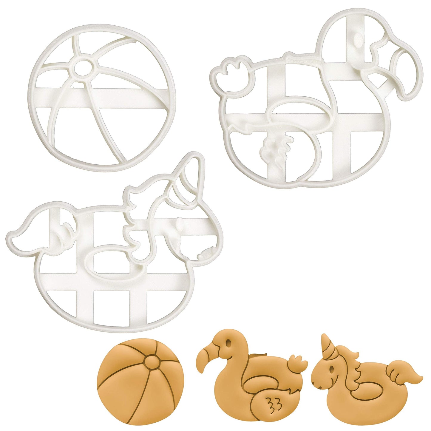 Set of 3 Pool Party cookie cutters (Designs: Beach Ball, Flamingo Float, and Unicorn Float), 3 pieces - Bakerlogy