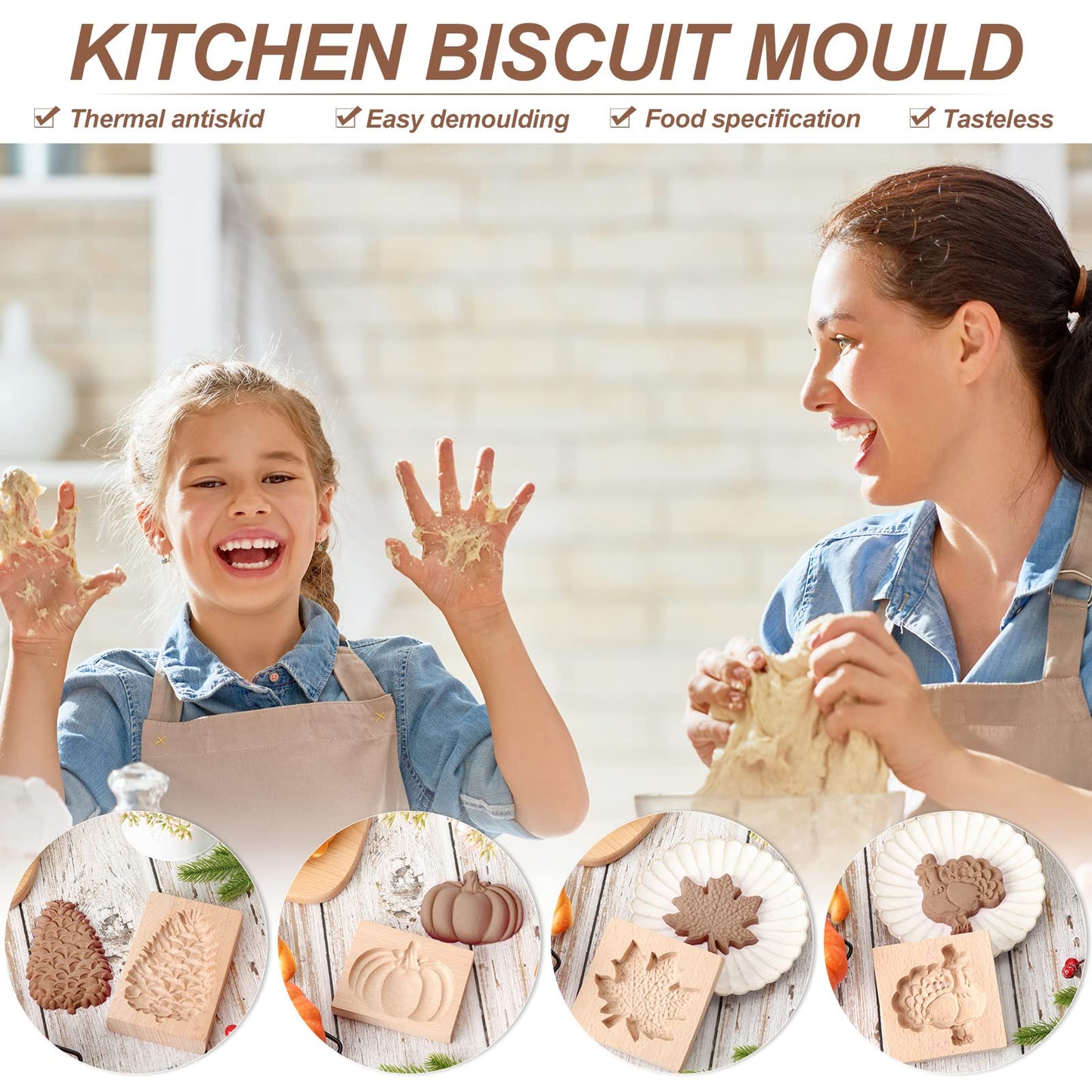 eBoot 4 Pcs Thanksgiving Cookie Molds Carved Wooden Cookie Press Embossing Cookie Cutter Funny 3D for Kitchen Baking DIY, 4 Styles