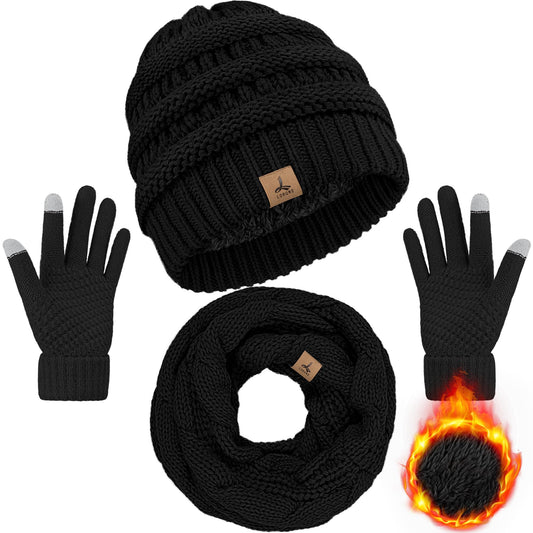 LOROME Winter Beanie Hat Scarf Gloves, Warm Fleece Knit Winter Hats Touch Screen Gloves Neck Scarf Set Winter Gifts for Women Men