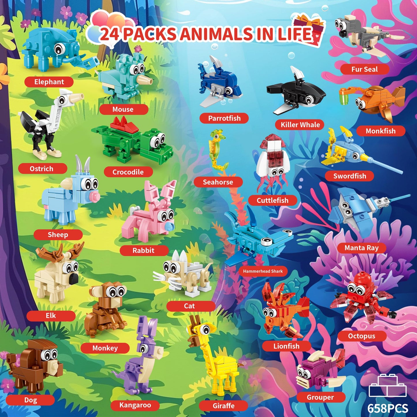 Party Favors for Kids - 24 Pack 72 Kinds of Animals Building Block Toy Stocking Stuffers Classroom Prizes Goodie Bags Easter Gifts Building Set, Christmas Birthday Gift for Boys Girls Ages 6-12+