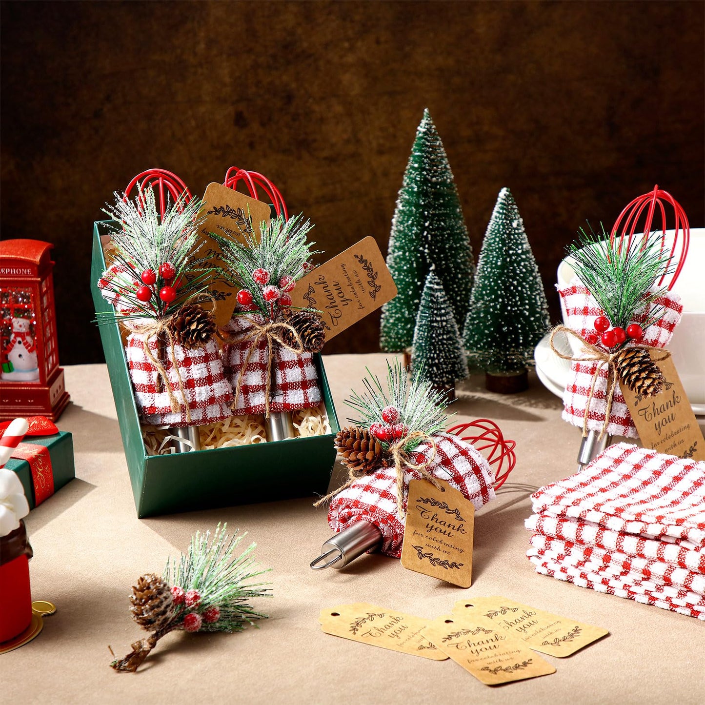 FoldTier 12 Sets Christmas Whisk Baking Supplies Gifts Sets Include Stainless Steel Whisk, Greeting Card, Snowfall Pine Branches, Plaid Towel, Rope for Xmas Neighbor Employee Stocking Stuffers Cooking