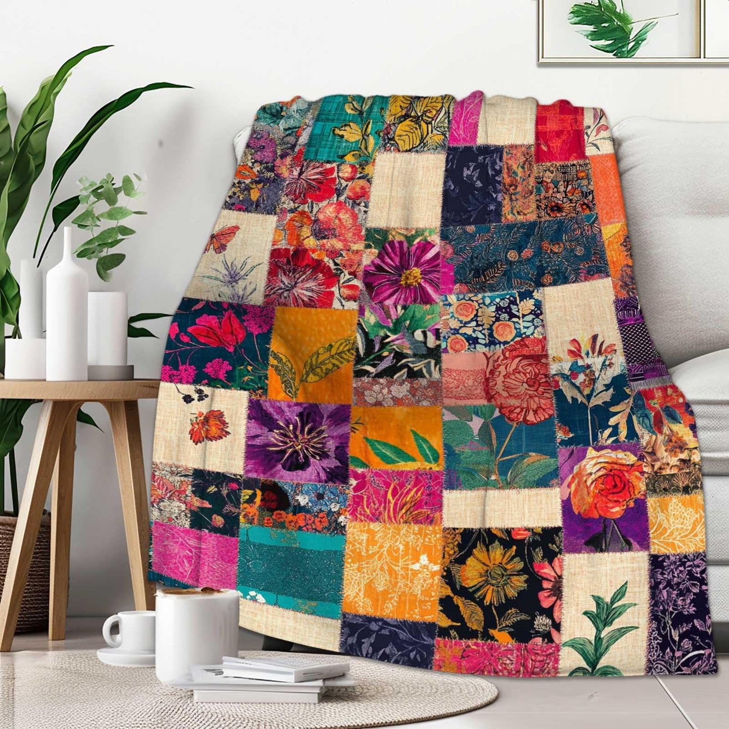 FexNuvko Printed Faux Patchwork Inspired Throw Blanket | Faux Quilt and Kantha Look | Lightweight Floral Fleece for All Seasons | Gifts for Women and Men | Home Decor for Couch and Bed | 50x60 Inches