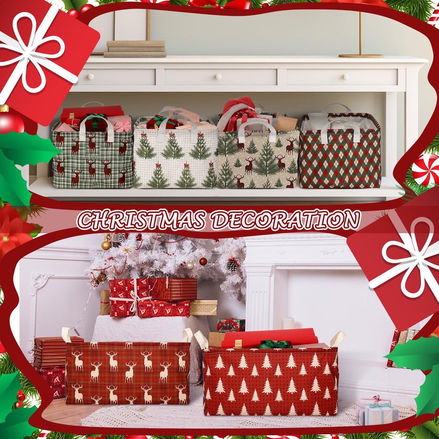 Boao 6 Pack Christmas Storage Bin Collapsible Large Christmas Storage Baskets for Gifts Canvas Laundry Basket Foldable Box with Handle for Office Home Bedroom Clothes