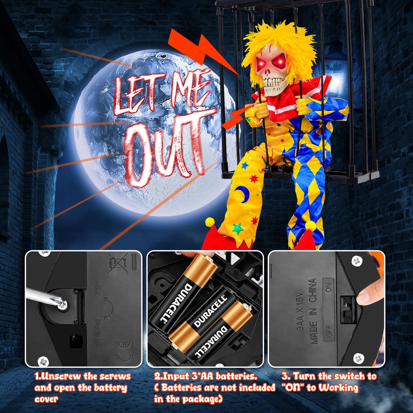 MGparty Halloween Screaming Animated Decorations Halloween Decor Prop with Motion Sensor Scary Skull Cage Prisoner Spooky Hanging Ghost Light Up Eyes