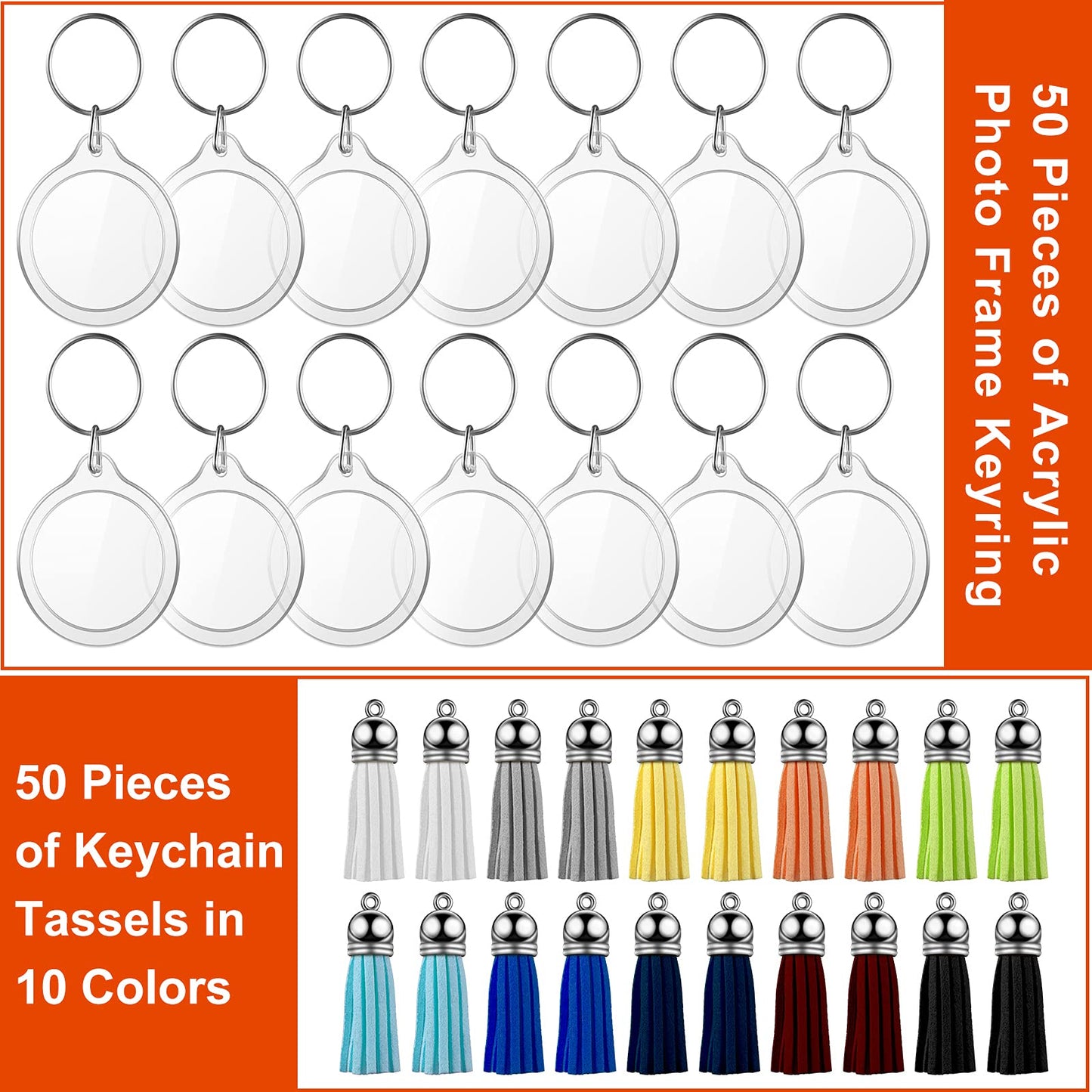 Yaomiao 50 Sets Acrylic Photo Frame Keychain with Tassels, Snap-In Custom Insert Photo Keyring Clear Blank Picture Keyring