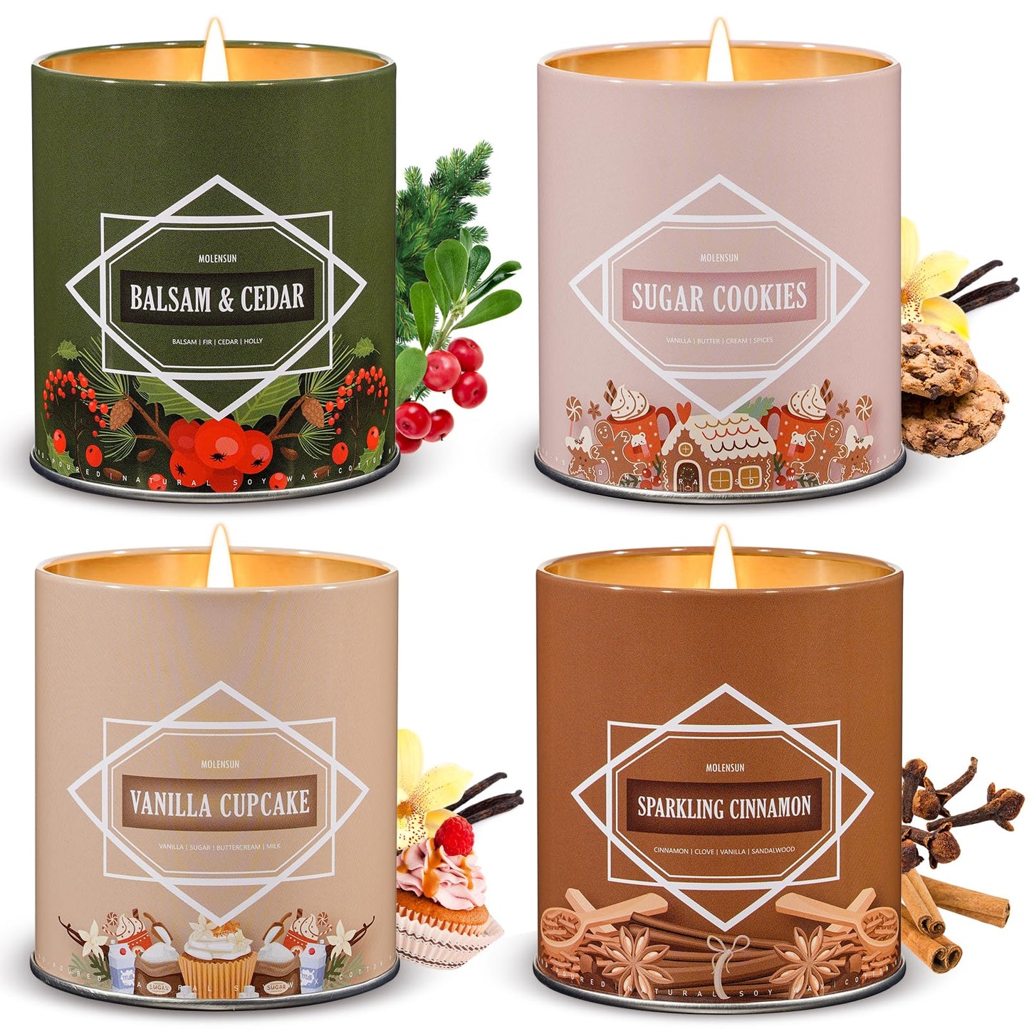 Scented Candle Set, Winter Scented Candles for Home, Holiday Candle Gifts for Women Men, 4 Pack 36oz Soy Candles, Winter Scents of Balsam Cedar/Sugar Cookies/Vanilla Cupcake/Sparkling Cinnamon