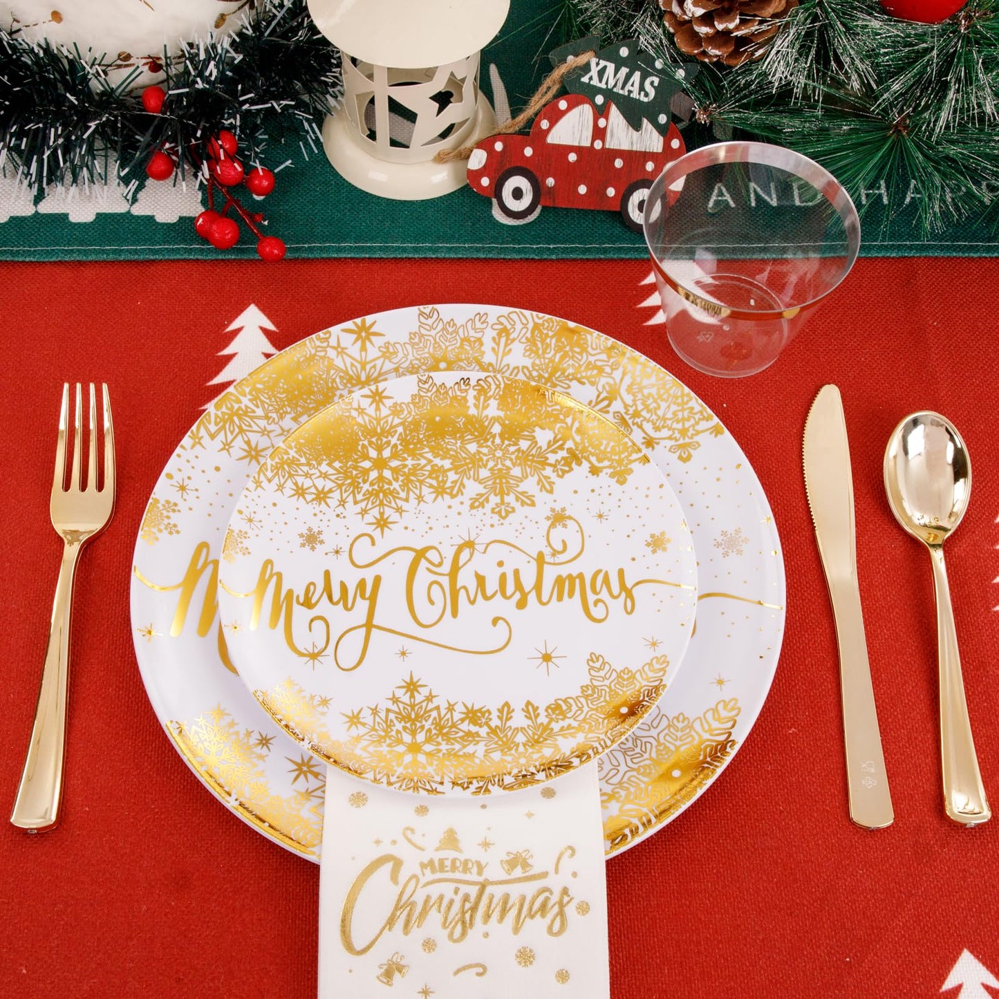 DaYammi 175Pcs Christmas Gold Plastic Dinnerware Set, 50Pcs Heavyduty Disposable Party Plates,Fancy Snowflake Design, 75Pcs Gold Plastic Cutlery,25Pcs 9oz Gold Cups,25Pcs Napkins Perfect for Christmas
