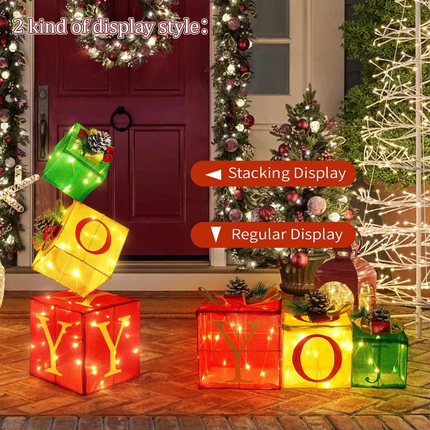 COVFEVER Christmas Joy Lighted Gift Boxes Decorations Set of 3, 2.6Ft Stackable Christmas Nesting Boxes Battery Operated for Home and Party Decoration