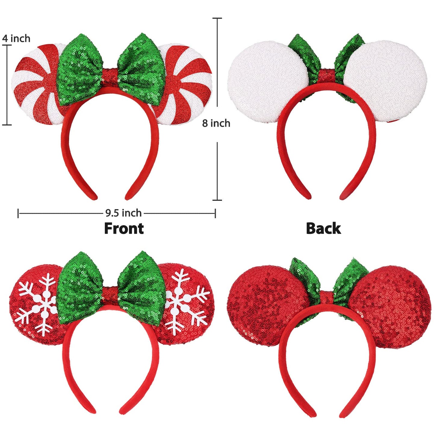 Christmas Mouse Ears Headband, 2 PCS Christmas Ears for Women Kids, Sequin Bow Headbands for Christmas Parties Cosplay Costume (Peppermint Green & Red Snowflake)