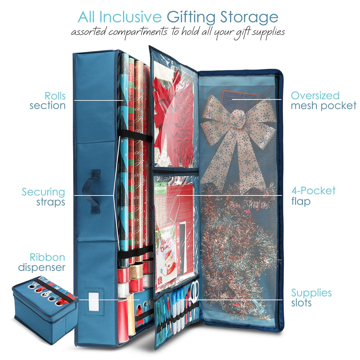 Hearth & Harbor Wrapping Paper Storage Container - Christmas Storage Bag with Ribbon Dispenser and Interior Pockets - Gift Wrap Organizer Fits Up to 26 Rolls of 40" Length, Blue