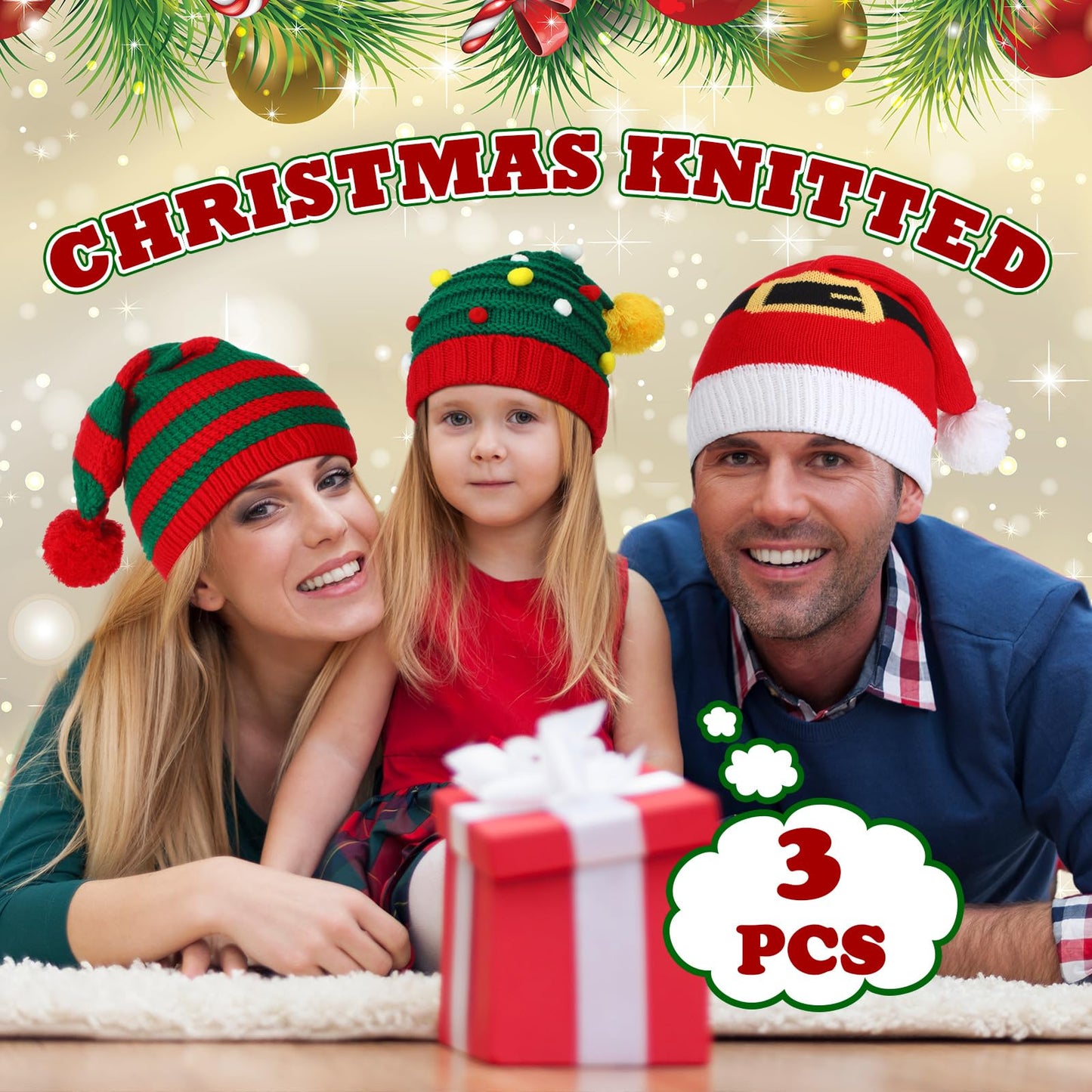 Funtery 3 Pcs Christmas Knitted Santa Hats Elf Hat Crochet Christmas Beanie Xmas Party Caps for Adults Women Men(Mixed Style)