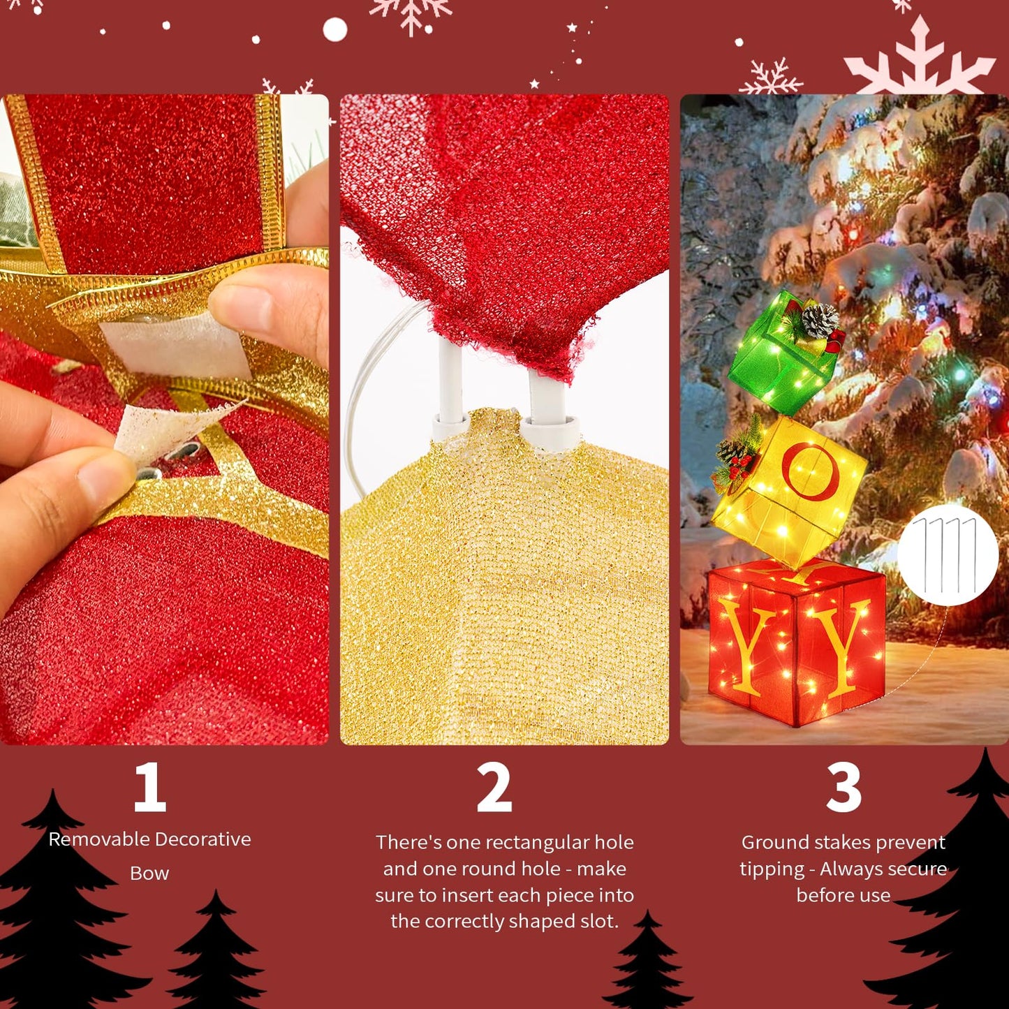 COVFEVER Christmas Joy Lighted Gift Boxes Decorations Set of 3, 2.8Ft Stackable Christmas Nesting Boxes Battery Operated for Home and Party Decoration