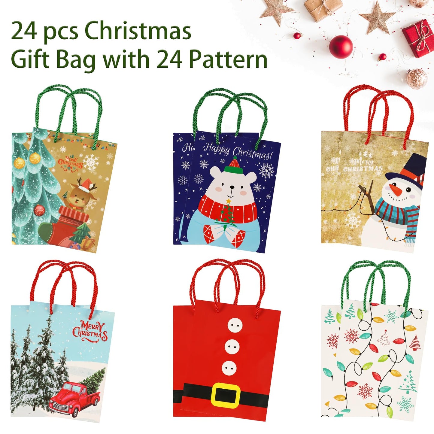 Qukou Christmas Bags for Gift with 24 Sheet Tissue Paper, 24 PCS Xmas Paper Party Gift Candy Bags for Christmas Party Favors (24)
