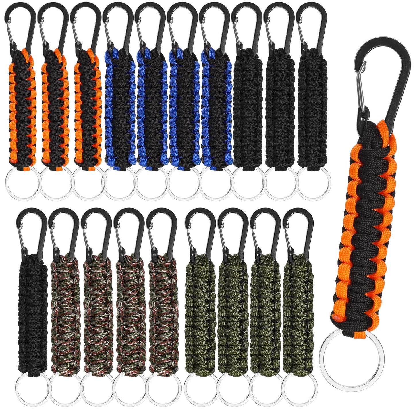 Fumete 20 Pcs Paracord Keychain Military Braided Keychain Clip with Strap Paracord Backpack Strap with Chain Hooks for Women Men Camping Fishing Hiking Backpacking Keys Hanger, 5 Styles