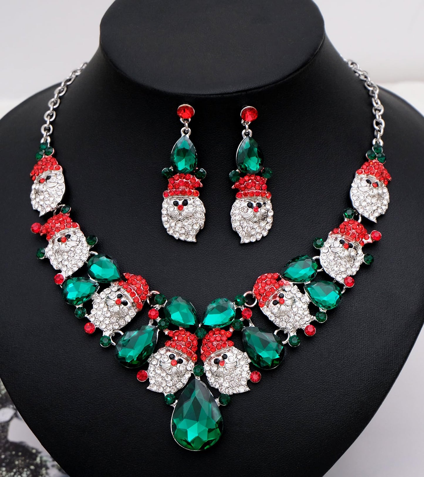 chaoyite Christmas Statement Necklace Dangle Earrings Santa Clause Crystal Jewelry Set Xmas Gifts Festive Costume Accessories for Women (Style1-Platinum Plated)