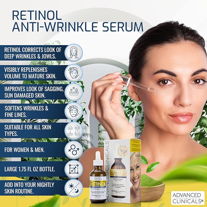 Advanced Clinicals Retinol Serum For Face | Visible Anti Aging Retinol Serum Skin Care Face Moisturizer With Vitamin E Helps Improve Look Of Wrinkles, Fine Lines, & Uneven Skin Tone, 1.75 Fl Oz