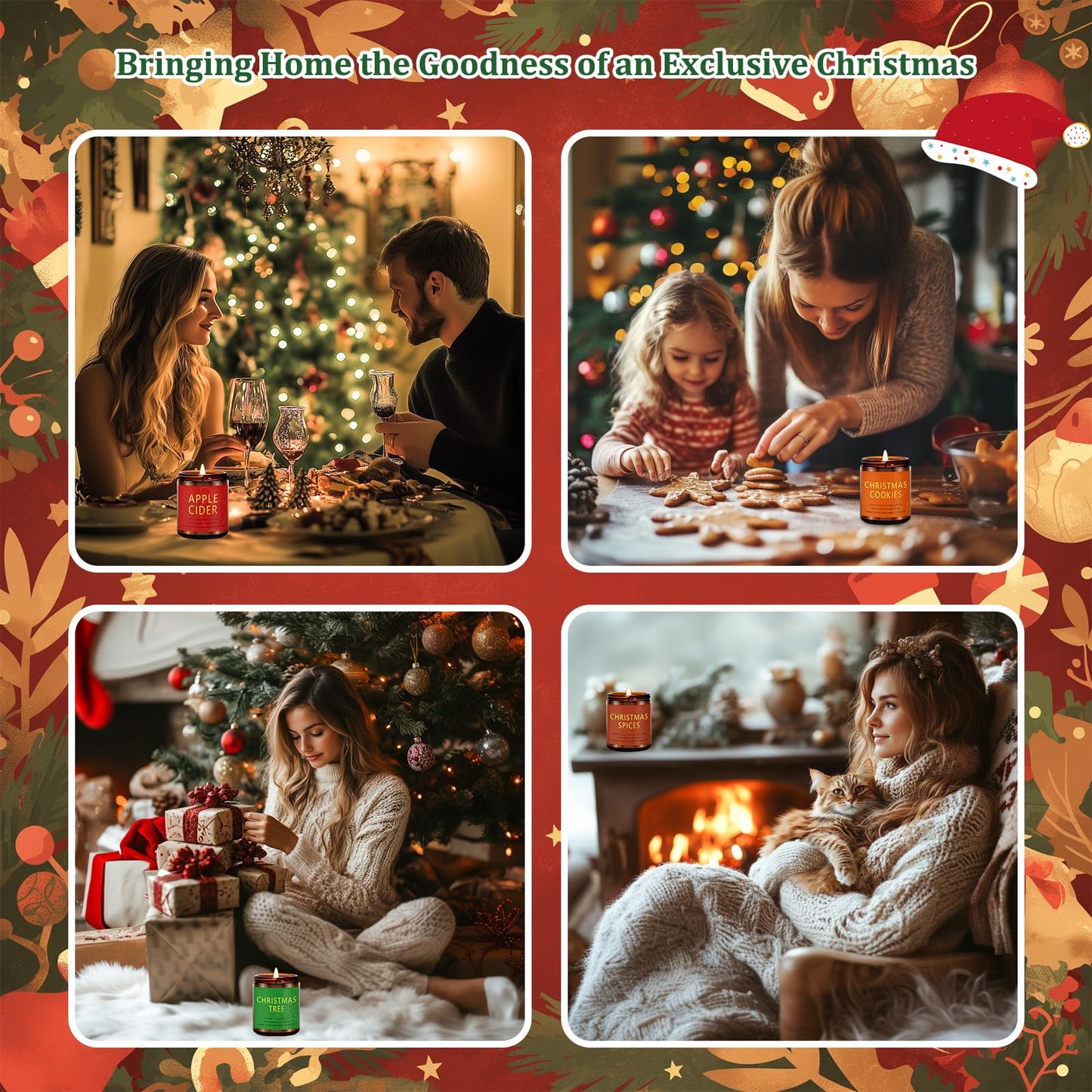 Christmas Candle Set | 4 Pack Scented Candles for Home | Holiday Gifts for Women & Men | Soy Candles with Scents of Christmas Tree, Cookies, Spices & Apple Cider