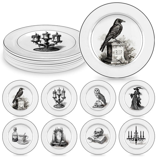 LOYIM 8 Pcs Vintage Halloween Dinnerware Set Halloween Plates Serving Dishes 8 Inch Reusable Gothic Dinnerware Set Salad Dessert Plates for Indoor and Outdoor Use Kitchenware Gift(Fashion,8 Inch)
