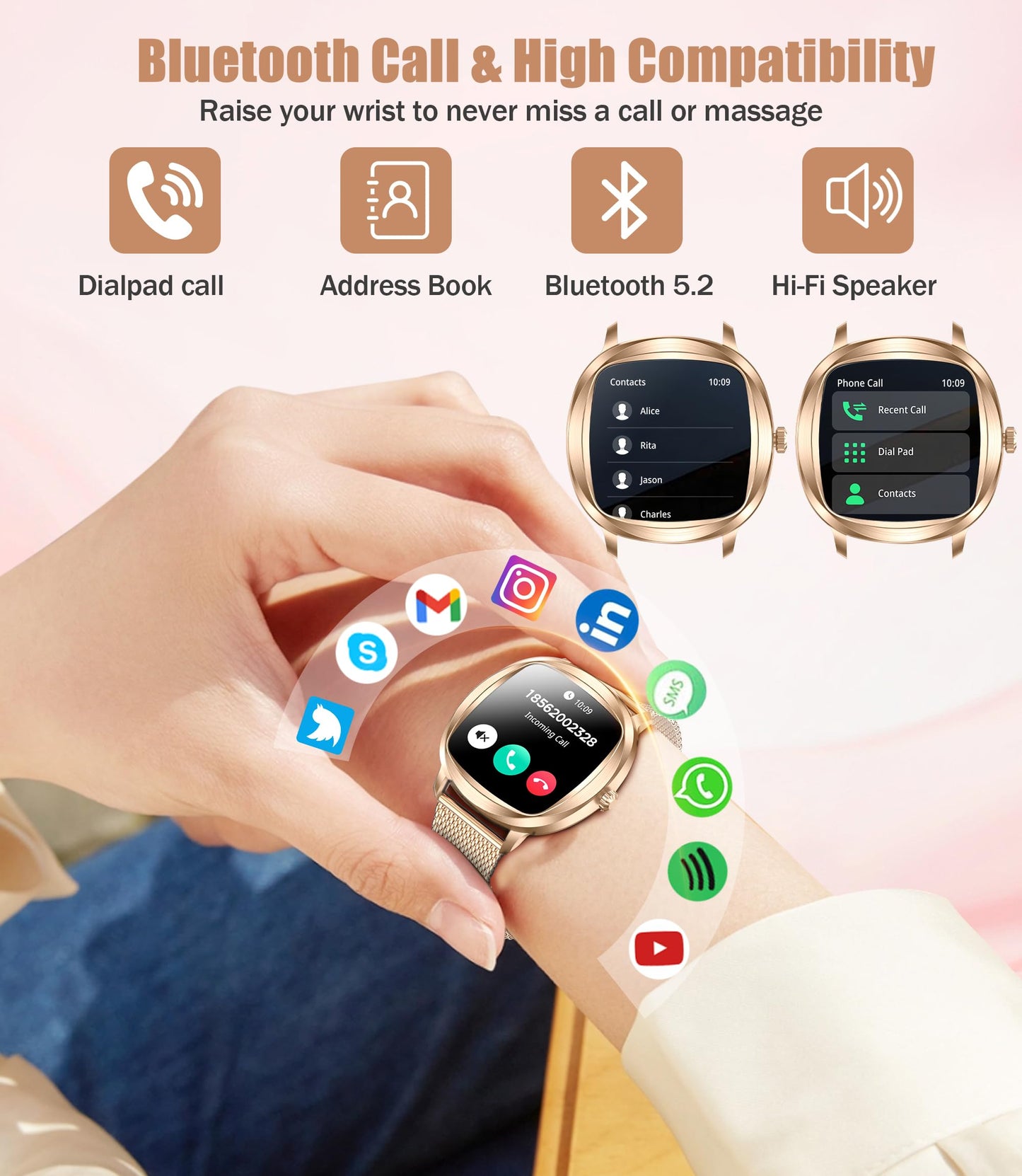 GLPYR Women's 2pc Band Sports Watch/Smart Watch 1.72" Fitness Tracker with Heart Rate Monitor, 100+ Sports Modes, Sleep Tracking, 7-Day Battery, IP68 Waterproof (Gold)