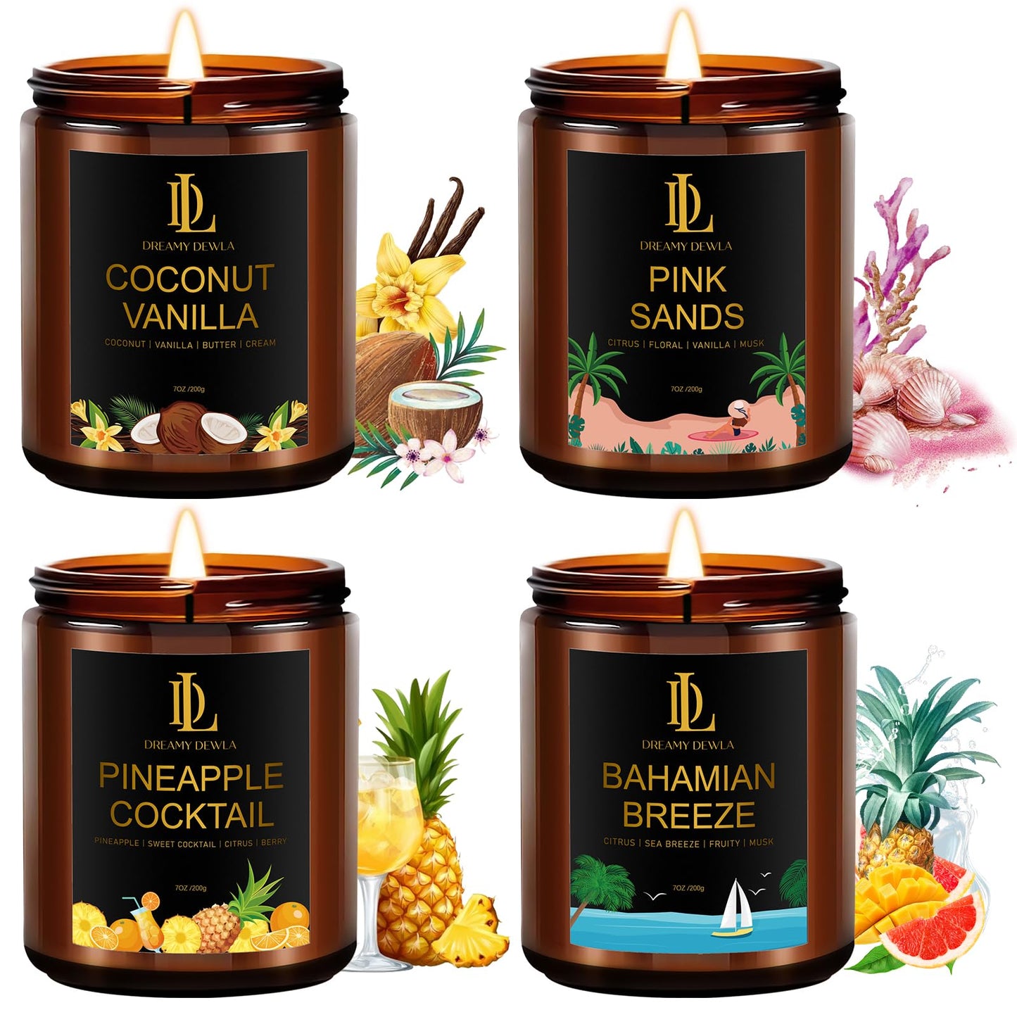 Scented Candles for Home, 4 Pack 28oz Soy Candle for Home Scented, Aromatherapy Candle Gift Set for Women Men, Summer Scents of Pink Sands/Coconut Vanilla/Pineapple Cocktail/Bahama Breeze