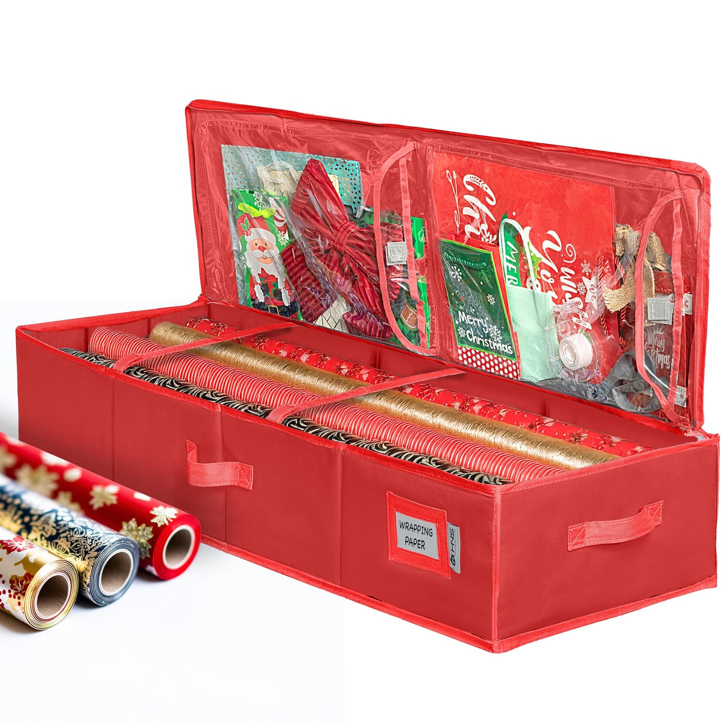 Premium Wrapping Paper Storage Container -Durable Material 600D tear-proof - Fits up to 27 Paper Rolls -Extra Pockets for Ribbons & Bows. Underbed Gift Wrap Organizer, Ideal for Holiday Christmas, etc