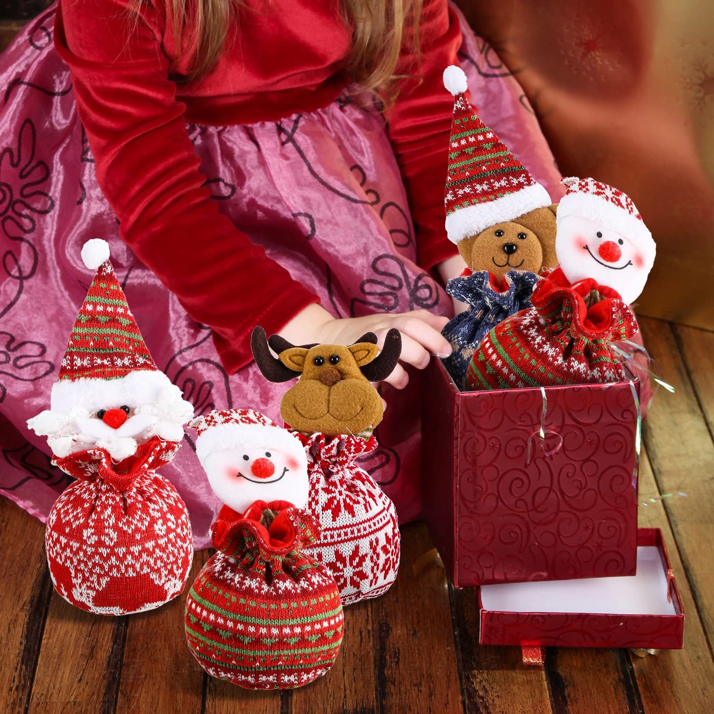 Shappy 12 Pcs Christmas Small Drawstring Bag Xmas 3D Doll Gift Bags Mini Christmas Apple Cookie Candy Holiday Treat Bag 11 x 6 Inch for Stockings Party Supplies Decor