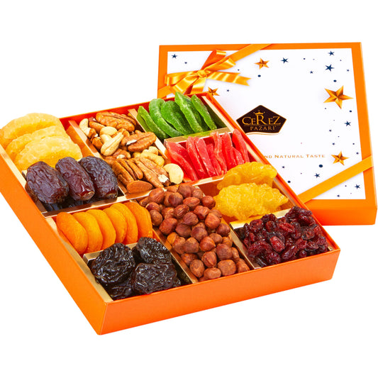 Cerez Pazari Dried Fruit and Nuts Gift Basket, Gourmet Holiday Gift Box Variety Of 10, Healthy Party Snack, Elegant Orange Box, 1.43 lbs