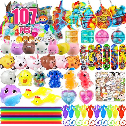 Leeche Premium Pop Party Favors Toys for kids,107PCS Prize Box Toys for All Ages kids,Birthday Party, School Classroom Rewards, Carnival Prizes, Pinata Fillers, Treasure Chest, Goody Bag Fillers