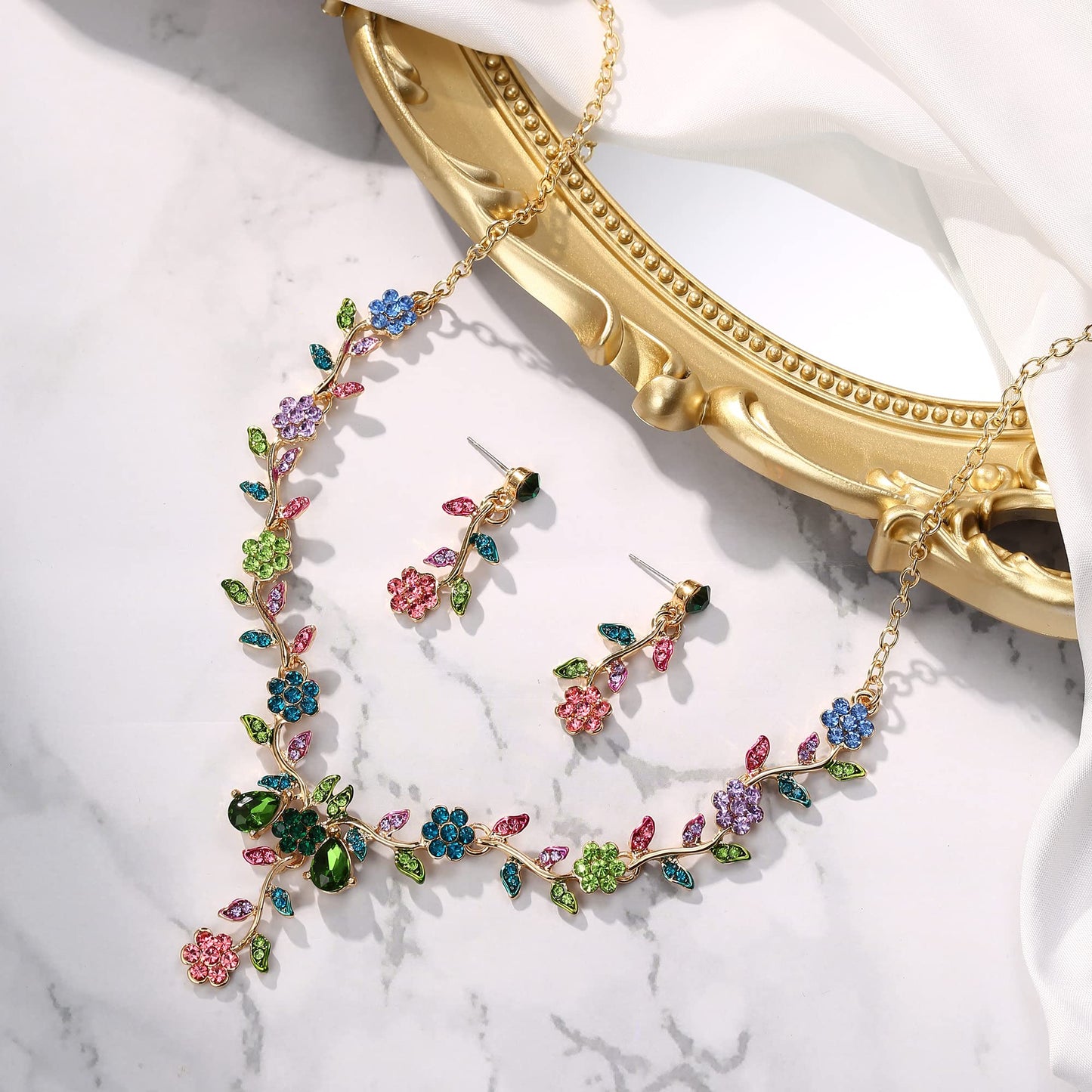 BriLove Women's Wedding Jewelry Leaf Cluster Flower Crystal Dangle Earrings Pendant Necklace Set for Bridal Multi Colour Gold-Tone