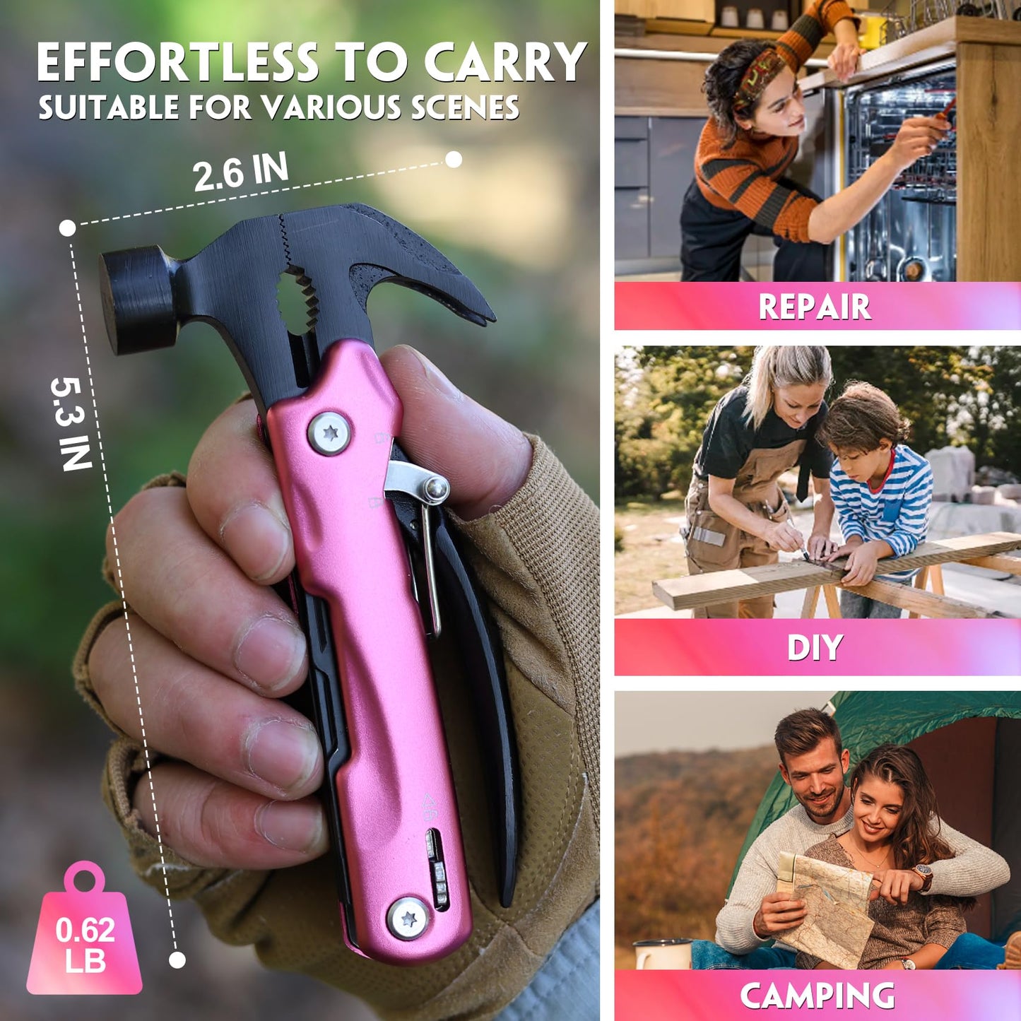 Gifts for Women Mom Wife - Gifts for Woman, Birthday P’ink Gift for Mom, Wife, Sister - Stocking Stuffers for Women - Mothers Day Christmas Womens Gift from Daughter Son, Multitool Hammer