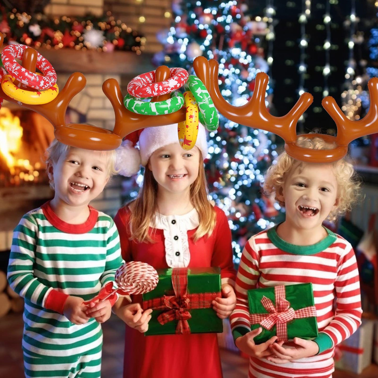Max Fun 4 Pack Inflatable Reindeer Antler Ring Toss Games Indoor Outdoor Christmas Party Games Party Favors, 4 Anlters & 24Rings