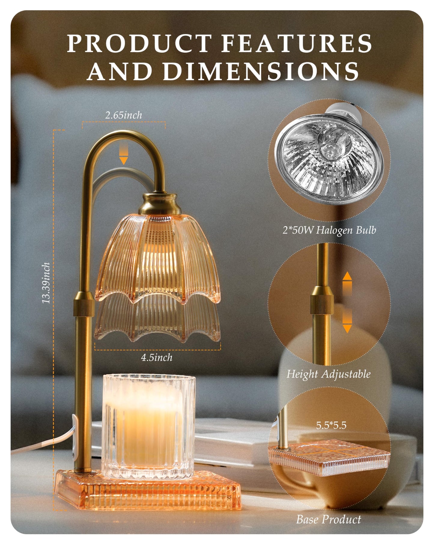 Candle Warmer Lamp with Timer, Dimmer & Adjustable Height, 20MM Crystal Base, 2 Blubs, Fit Jar Scented Candles, Safe Aromatherapy Light for Sleep, Work, Yoga, Bedroom, Office, Gift for Women