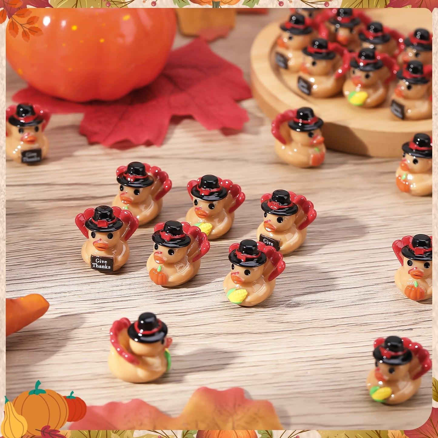 GGSTDDUP 60 Pcs Thanksgiving Mini Resin Ducks, Tiny Turkey Ducks, Miniature Turkey Figurines, Novelty Thanksgiving Party Favors Gift Decoration (Give Thanks, Corn, Pumpkin)