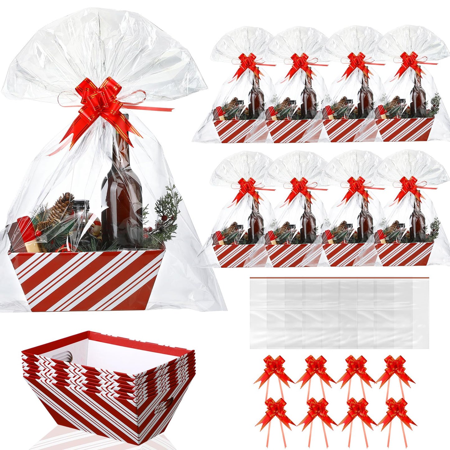 Kolldenn 24 Pcs Christmas Candy Cane Striped Gift Baskets 8" x 10" for Empty Gift Kit with Handles 8 Red White Stripes Basket 8 Bags and 8 Bows to Fill for DIY Xmas Wrapping