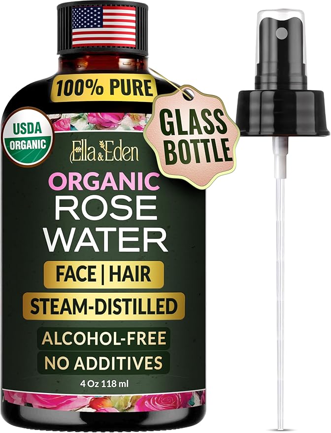 Ella & Eden Organic Rose Water Spray for Face, Hair | Hydrating, Refreshing Face Mist | USDA Certified 100% Pure Steam Distilled Hexane-Free - 4 Oz