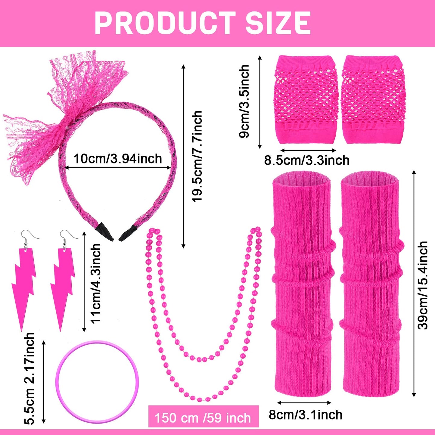 Handepo 19 Pcs 80s Costume Accessories Holographic Fanny Pack Leg Warmers Lace Headband Earrings Gloves Necklace Bracelet (Rose Red)