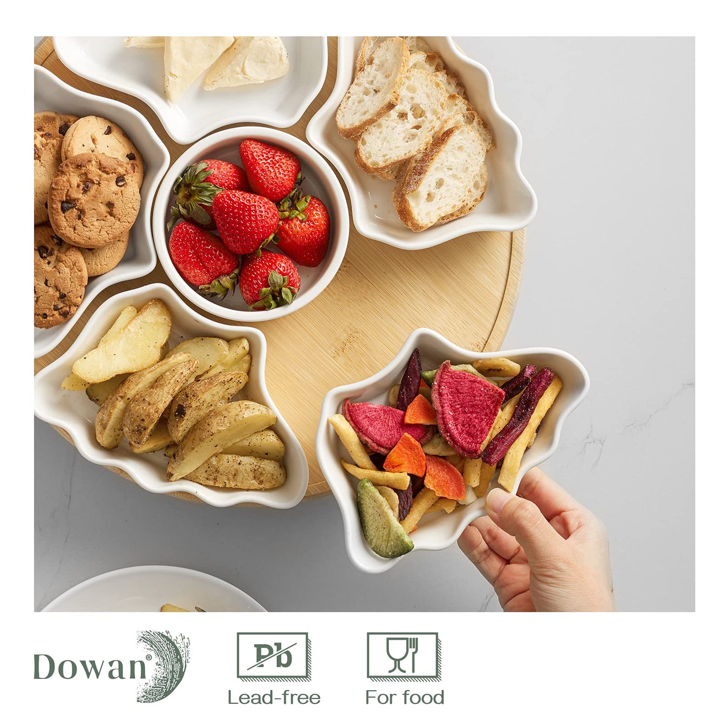 DOWAN 360° Rotatable Serving Tray and Platters, 12 Inch Divided Serving Bowls for Party, Kitchen Decor, Removable Serving Dishes for Chips and Dip, Fruit, Veggies, Candy and Snacks, 7 Pieces, White