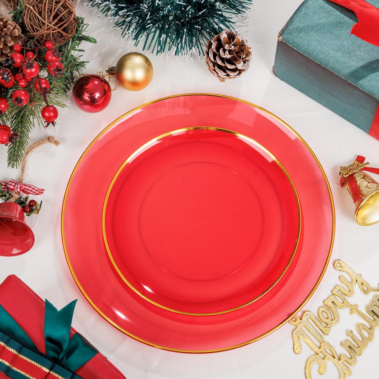 LIYH 180 Pcs Clear Red Plastic Plates Disposable - Red Dinnerware Set, Include Red and Gold Plates, Dinner Plate, Dessert Plate, Gold Plastic Silverware for Birthday Party