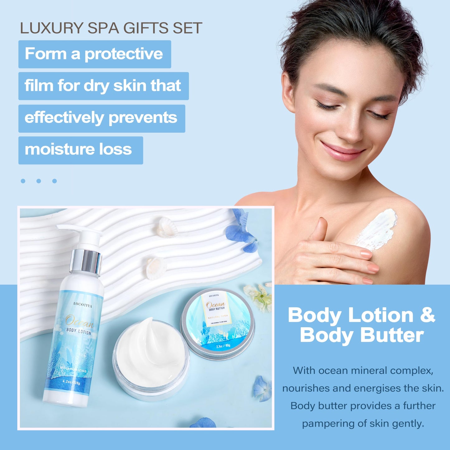 Gifts for Women, Ocean Scented Spa Gift for Women Birthday 7 Luxury Self Care Package, Gift Basket Care Package for Her Wife Mom Friends Female Bff