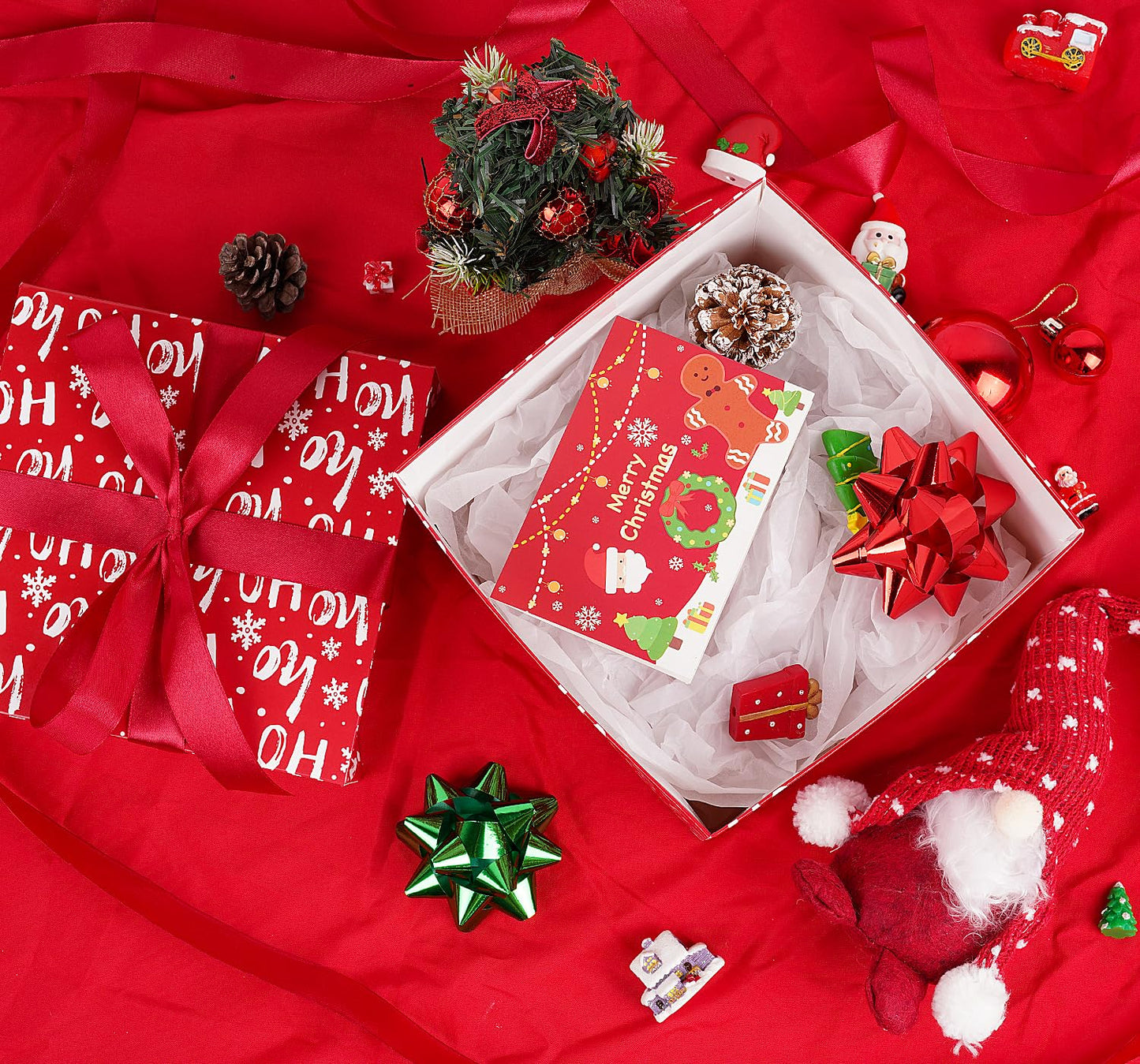 Jaywayang 5 Pack Red Christmas Gift Boxes with Lids, Ribbons and Tissue Papers Square Gift Boxes - 7.1 Inch - Presents Wrapping Christmas Gift Holiday New Year Party Favor Boxes.