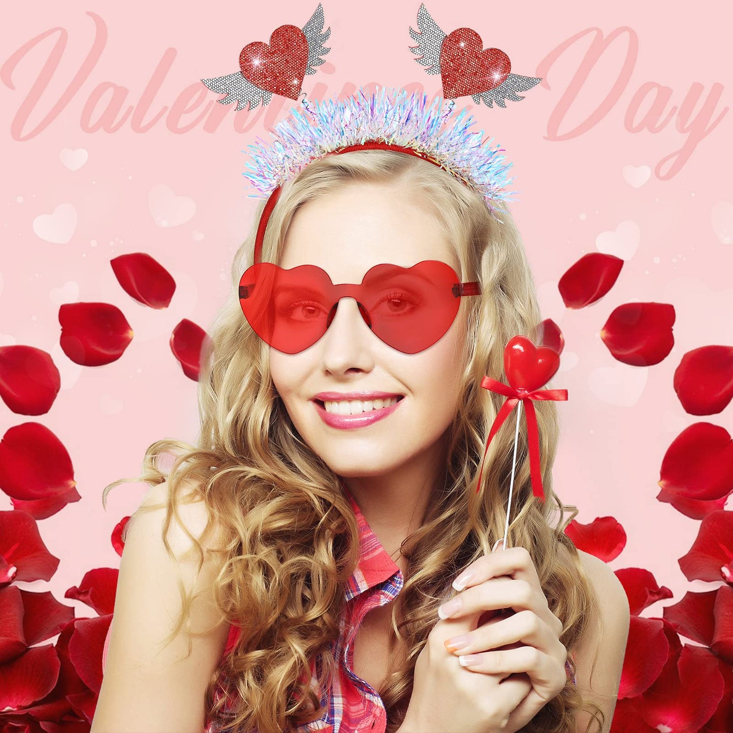 MTLEE 8 Pcs Valentines Day Red Heart Head Bopper Headband and Heart Shaped Sunglasses Transparent Candy Color Rimless Eyewear