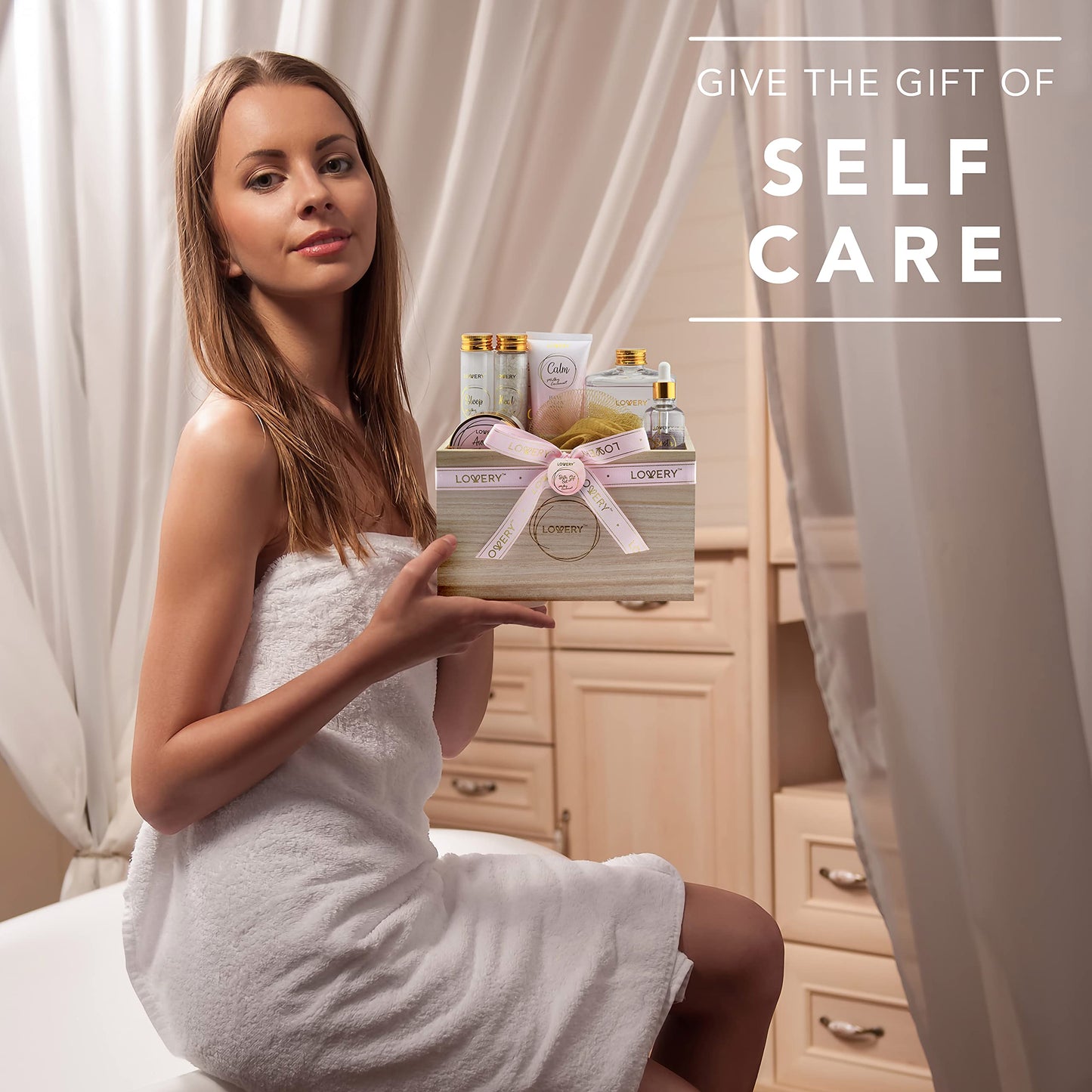 Luxury Bath Gift Set - Home Spa Gift Basket with Milky Coconut Scent, Vitamin E & Shea Butter with Shower Gel, Bath Salt & Crystals, Body Scrub, Hand Cream, Body Oil, Bath Pillow, Wooden Crate & More