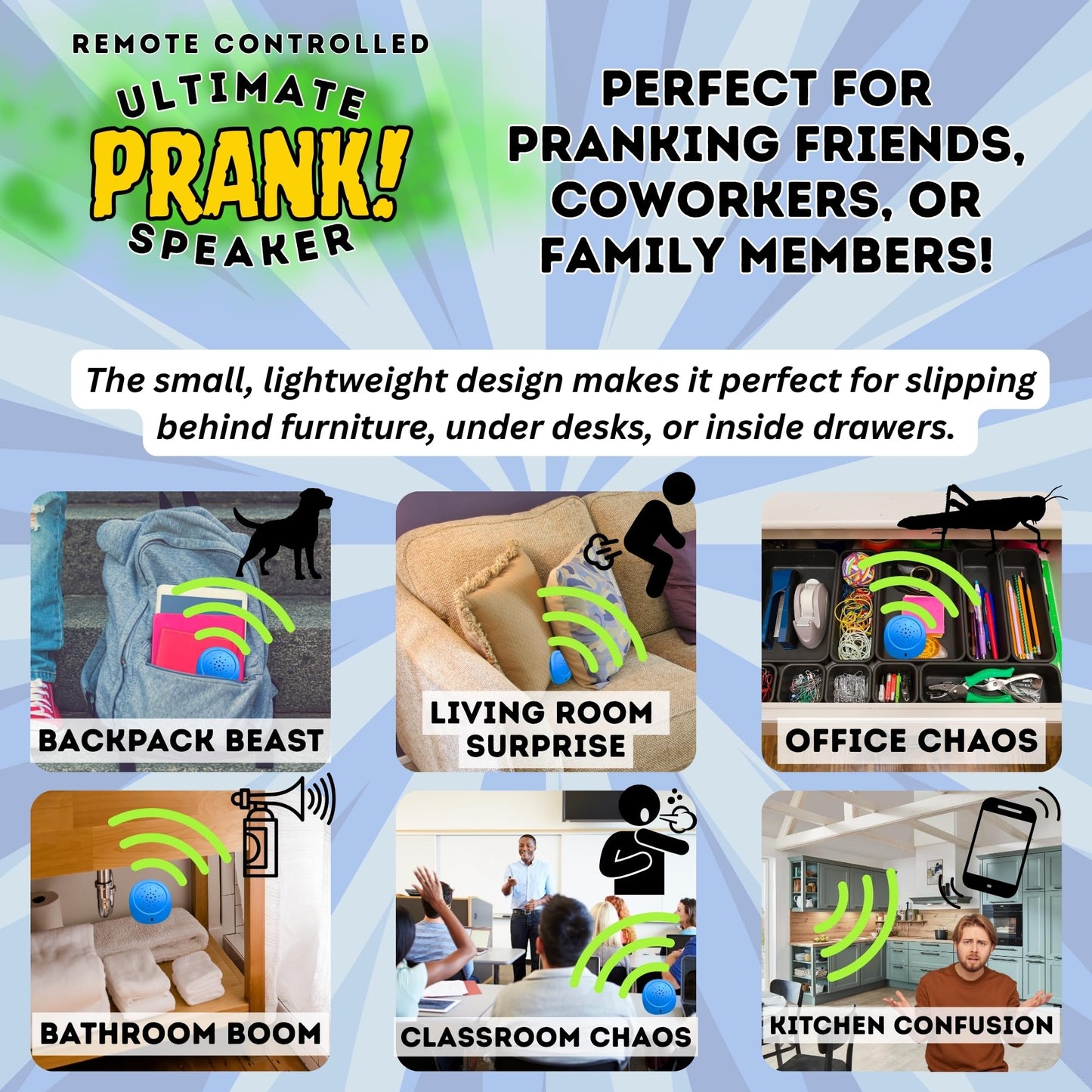 Remote Controlled Sound Prank - Farts, Burps, Screaming Goat, Air Horn, Phone Ringtone, Crickets, Baby Crying, Cat, Dog - 26 Different Realistic Sounds