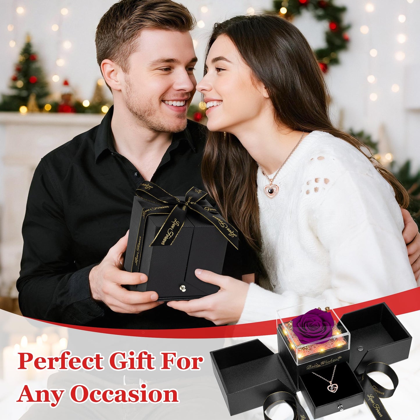 GOMALL Light Up Preserved Purple Rose Flower with Necklace,Birthday Gifts for Women,Christmas Rose Gifts for Her Mom Wife Grandma,Real Flower Mom Present for Women Christmas,Anniversary,Valentines